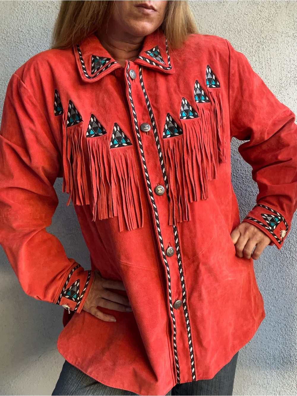 VTG 90s Bob Mackie Wearable Art Orange Suede Fringe Southwestern Jacket XL